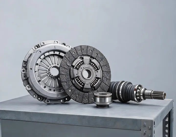 Clutch kit and CV joint axle on a transmission workbench